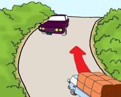 통행우선순위 ( 하향하는차량 ) (2) 좁은도로또는경사진좁은도로에서는승객이나화물을실은차가우선, 빈차는도로우측단으로피양하여야됨. 그림 4-9.