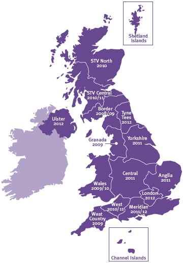 ITV 지역 서비스지역 전환시기 가구수 Border Scottish등 08년 11월 ~ 09년 Q2( 완료 ) 398,000 West Country North Devon등 09년 4월 ~Q3( 완료 ) 781,000 Granada Liverpool 등 09 년 Q4( 완료 ) 3,041,000 Wales Swansea 등 09 년 Q3~ 10 년 Q1(