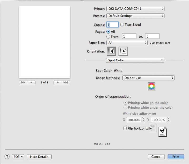 프린터드라이버기능표 Mac OS X PS 프린터드라이버사용 별색토너를설정하는창을표시하려면, [ 별색 (Spot Color)] 패널을선택합니다. 사용방법 (Usage methods) 항목 설명 사용안함 (Do not use) 흰색토너를사용하지않고인쇄합니다. 전체페이지 (Full page) 전체인쇄페이지에서흰색토너사용.