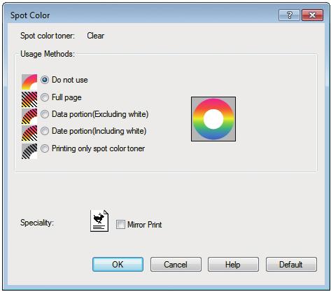 프린터드라이버기능표 Windows XPS 프린터드라이버사용 별색토너를설정하는창을표시하려면, [Color ( 컬러용지 )] 탭에서 [Spot Color ( 별색 )] 을클릭합니다. Usage methods ( 사용방법 ) Speciality ( 특수인쇄 ) 항목 설명 Do not use ( 사용안함 ) 클리어토너를사용하지않고인쇄합니다.