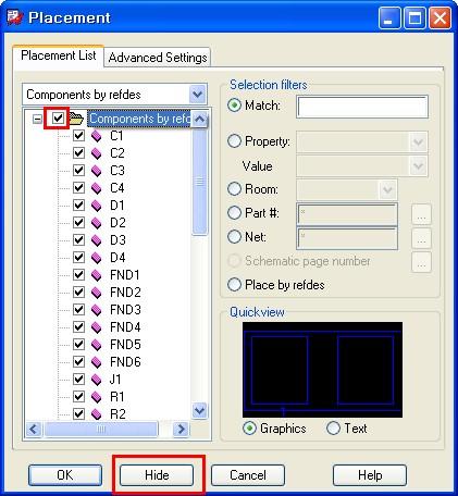 4. Placement Component - 메뉴 Place > Manually.. 를선택한다. - 모든부품을선택한후하단의 Hide를선택한다. - 신호의흐름과방향을고려하면서적절하게배치한다. - 메뉴 Display > Highlight를선택한다.