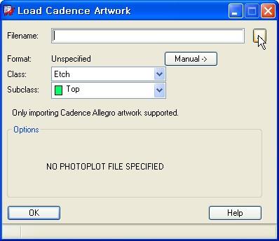 - Load Cadence Artwork 창이열리면 Filename 의 Browse 아이콘을눌러 TOP.art 를연다.