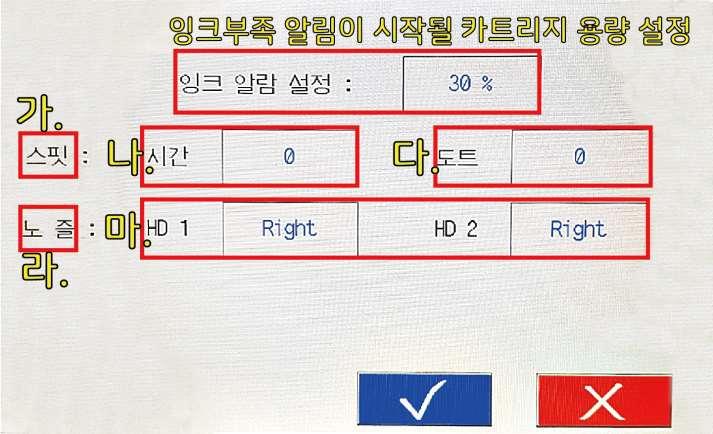 5) 헤드설정 가. 스핏 : 잉크가마르지않도록주기적으로잉크를분사하는기능나. 시간 : 스핏주기를설정합니다. 다. 도트 : 스핏 1 회당분사되는잉크의양을설정합니다 (1 도트 =1 줄 ). 라. 노즐 : 카트리지는 Left/Right 두개의노즐라인을가지고있습니다.