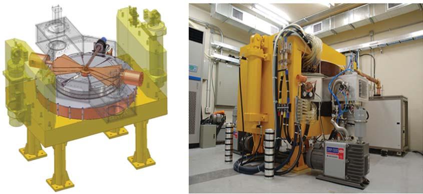 104 채종서 Fig. 5. The 1st Medical Cyclotron, KIRAMS-13, in Korea (Courtesy of KIRAMS). 우 CW형이된다. 2) 사이클로트론 (Cyclotron) 사이클로트론은원형의자석사이에두개의반원형고주파전극을설치한것으로고주파전극에고주파전압을걸어서이온을전극사에서교번시켜가속시킨다.