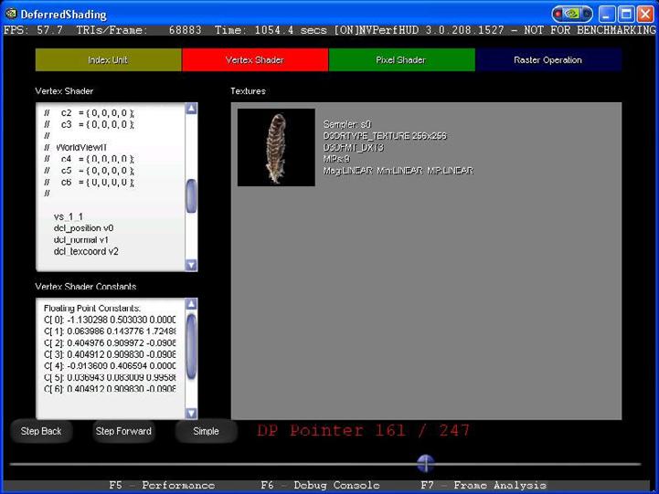 그림 13. 버텍스유닛상태검사기 합니다. 버텍스쉐이더프로그램과관련상수, 텍스처가조사를위해표시됩니다. 버텍스쉐이더가주소레지스터 ( 예, 매트릭스팔레트스키닝 ) 를사용하는경우에는모든상수가표시됩니다. 각텍스처샘플러에대한정보도레퍼런스로표시됩니다.