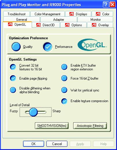 OpenGL : OpenGL OpenGL Optimization Preference Quality OpenGL Performance OpenGL OpenGL Settings OpenGL Convert 32 bit textures to 16 bit Enable KTXX buffer region extension Enable page flipping