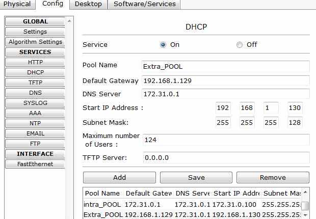 3. ( 토폴로지참고 ) 3.1 DHCP : 내부용 (PC0), 외부용 DHCP(PC2) 를설정합니다. 3.2 R1 에 PC2를위한 DHCP-Relay를설정합니다. 3.3 DNS : www.naver.com 에대한응답으로서버주소가응답하도록설정합니다. DHCP 설정시문제에서주어진대로설정하되아래순서를따릅니다.