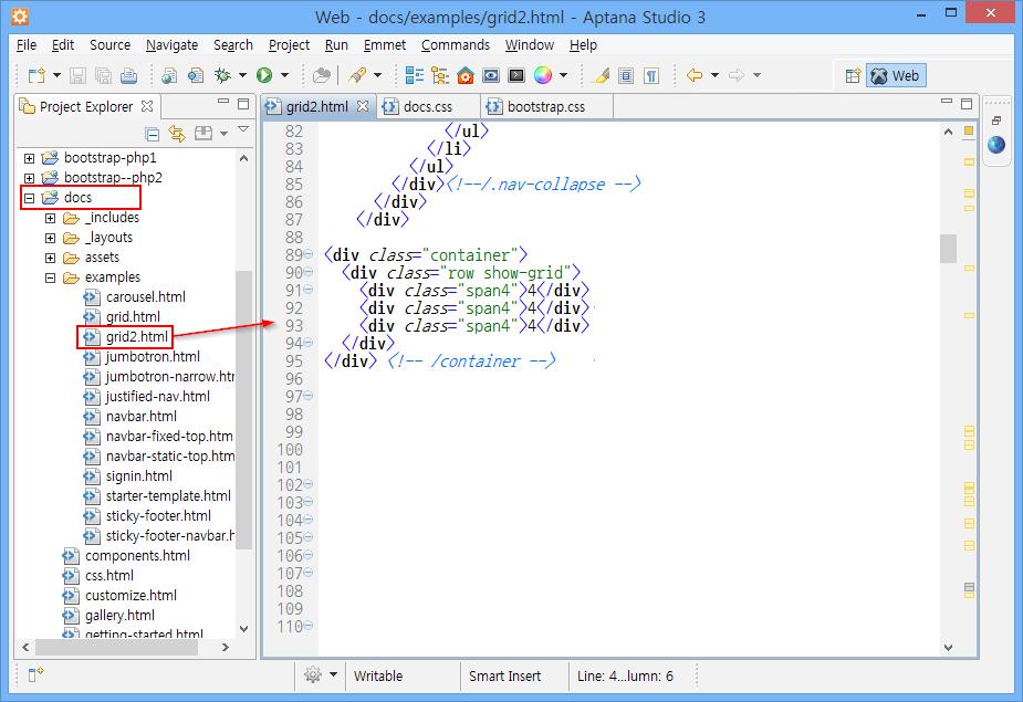 그림 4-7 grid2.html 파일만들기 examples 폴더에서 grid.html 파일을복사해서 grid2.html 파일을만든다음, 이파일을 편집기열고.container 부분을다음과같이수정합니다.