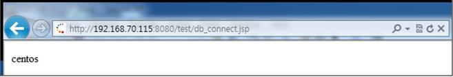 if(con!=null)con.close(); } %> 2. db_connect.jsp 접속 "http://<ip Address>:8080/test/db_connect.jsp" 주소로웹페이지에접속하여아래와같이 centos 메세지가출력된화면이뜬다면정상적으로연동된것이다. [ 그림 1.10] db_connect.jsp 접속 1.5.