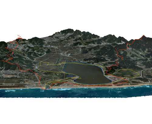 제 1 장동해안석호의현황 1.1.7. 경포호 < 그림 1.1.7-1> 경포호유역분지의 3-D map 경포호에는무명 421m에서발원한주류길이 13.54km, 유역면적 36.60km2인경포천이유입하며 7개석호가운데유역규모가가장크다. 경포천은현재경포호에직접들어가지않지만, 1960년대까지만하더라도석호의남서쪽에서경포호로유입하였다. 현재경포호의면적은 0.