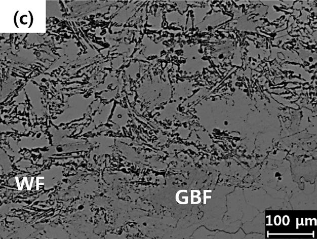입계 페라이트(Grain Boundary Ferrite, GBF), 비드 의 조직이다. 입열량 15.0 kj/cm 일 때의 조직 Fig.