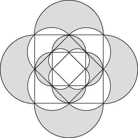 네변 A B, B C, C D, D A 을각각지름으로하는반원을정사 각형 A B C D 의외부에그려만들어진 개의호로둘러싸인 양의도형을 이라하자.