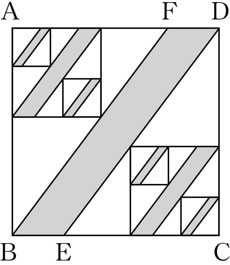 그림과같이선분 BC 를 으로내분하는점을 E, 선분 DA 를 으로내분하는 점을 F 라하고평행사변형 BEDF 를색칠하여얻은그림을 이라 하자. 그림 에서정사각형안에있는각직각삼각형에내접하는가장큰 정사각형을각각그리자.