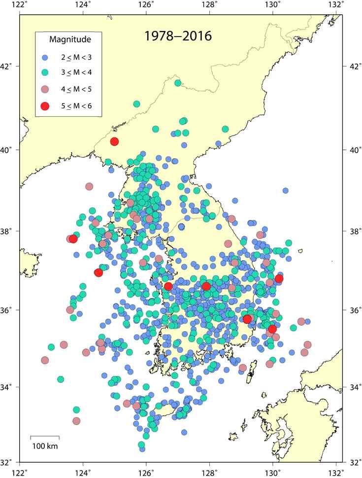 그림 2-5 진앙분포도 (1978~2016 년 ) * 자료 : 기상청웹페이지 (http://www.kma.go.kr/weather/earthquake_volcano/domestictrend.jsp) 우리나라에서발생한지진은일본, 중국등의지진발생사례에비해규모는작은편인데반해, 최근유례없던규모 5.