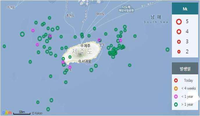 제주지역의지진규모별발생현황 지역 리히터규모별 2001 2002 2003 2004 2005 2006 2007 2008 2009 2010 2011 2012 2013 2014 2015 2016 계 ( 해역 ) 1 0 2 10 6 5 2 12 8 12 12 6 10 14 22 19 제주 ML 3.0 ( 해역 ) 2.0 ML 3.