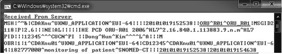 그림 10의메시지에서보이는것과같이 MSH element는송신응용, 송신기관, 수신기관, 메시지송신시간, 메시지형태등을나타내고, PID element는환자의 ID, 기관, 환자의이름등의정보그림 9.