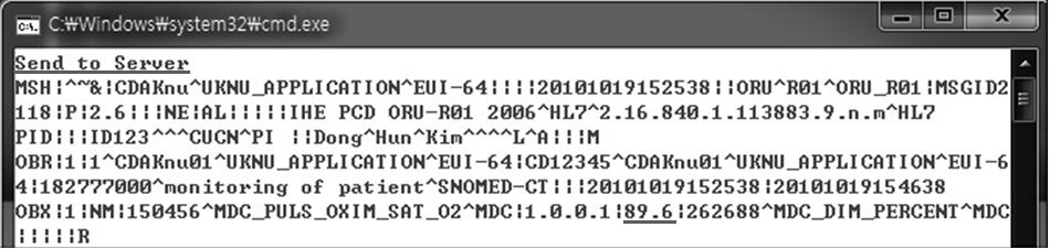 IEEE 11073/HL7 프로토콜변환게이트웨이는 HL7 표준요청메시지의 element의정보를분석하고 ISO/IEEE 11073-20601 표준에의거한 SET, GET 메시지를생성하게된다. 그림 11에서보이는것과같이 HL7 표준기반메시지의 OBX element (OBR-6) 에 20101019152538 20101019154638 가지정되어있다.