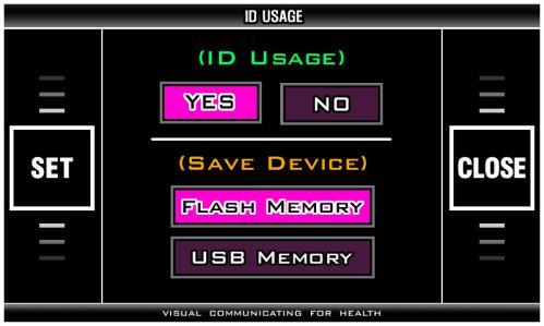 <ID USAGE> ID 사용여부및데이터저장장치를선택합니다. - 기본설정 : YES, FLASH MEMORY - (ID USAGE) 를선택하여메뉴화면으로들어갑니다. - ID 사용여부를선택합니다. - FLASH MEMORY 또는 USB MEMORY 중데이터를저장하고자하는장치를선택합니다.