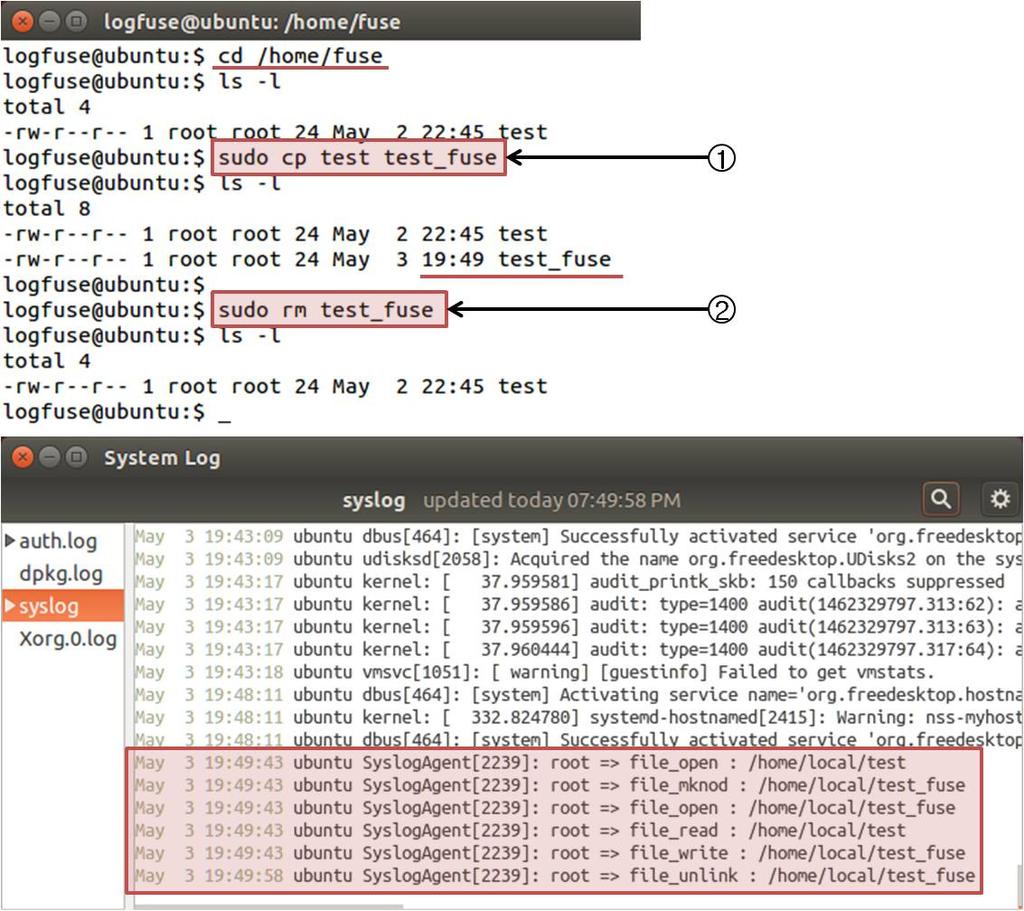 그리고 기존 연구[9]는 FUSE를 활용하여 데이터 중심의 문제 해결 환경을 구 syslog 에이전트를 통해서 파일 접근 정보가 기록됨 현하기 위해서 시뮬레이션을 지원하는 원격 파일 시스템 을 확인하기 위하여 local과 fuse 디렉터리에서 다음과 인 액티브 폴더를 제시하였다. 같은 파일 접근을 수행한다.