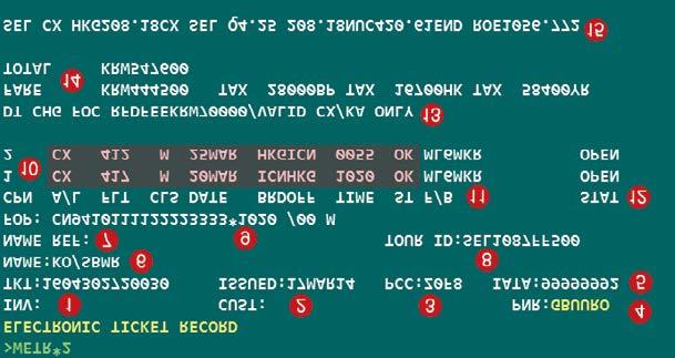 I. 항공운임의기초 (3) 전자항공권기록 (Electronic Ticket Record) 과 ITR(Passenger Itinerary & Receipt) 1) 전자항공권기록 (ETR) 순서 지시어 내용 1 TKT 항공권번호 2 ISSUED 발행일자 3 PCC 발행점소 4 PNR 발권 PNR 5 IATA 여행사의 IATA(BSP) 번호 6 NAME 승객명