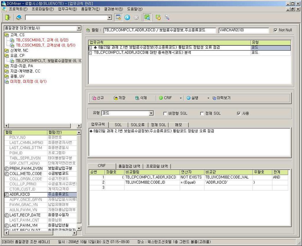 5.2 Auditing 을통한 Biz Rule 분석 5. 데이터품질관리솔루션 개별데이터에대한업무규칙을반영한점검기준을도출하고, 이를통한데이터정합성분석을수행한다.