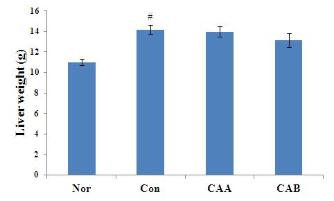 대한한의학방제학회지제 22 권제 1 호 (2014 년 6 월 ) Herbal Formula Science(HFS) 2014;22(1):177~192 Figure 2A. The comparison of liver weight from 9 weeks groups.