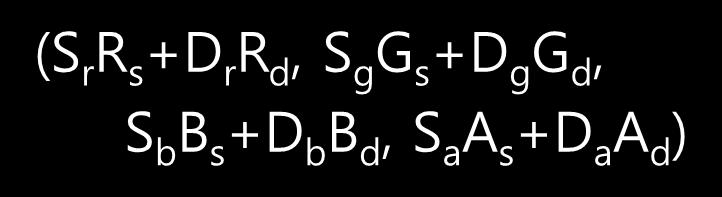 OpenGL 의색함수 OpenGL 의색혼합 목적지색성분 (R d, G d, B d, A d ) 목적지혼합인수 (D r, D g, D b, D a ) 프레임버퍼 소스색성분 (R s, G s, B s, A s )