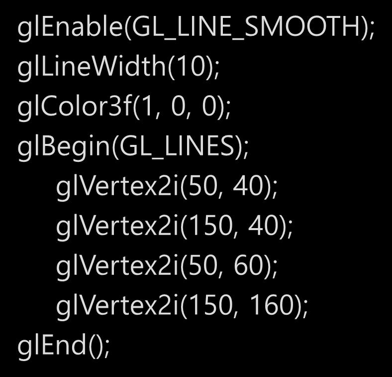 0); glbegin(gl_lines); glvertex2i(50, 40); glvertex2i(150,
