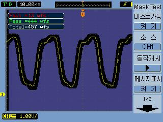 오실로스코프유틸리티설정 6 마스크테스트실행 / 정지방법 1 Mask Test 메뉴 ([Utility] > Mask Test) 에서 Operate 을눌러테스트를실행하거나정지합니다. 테스트를정지한경우메뉴에나타납니다. Operate 을눌러테스트를실행합니다. 테스트가실행중일경우메뉴에나타납니다.