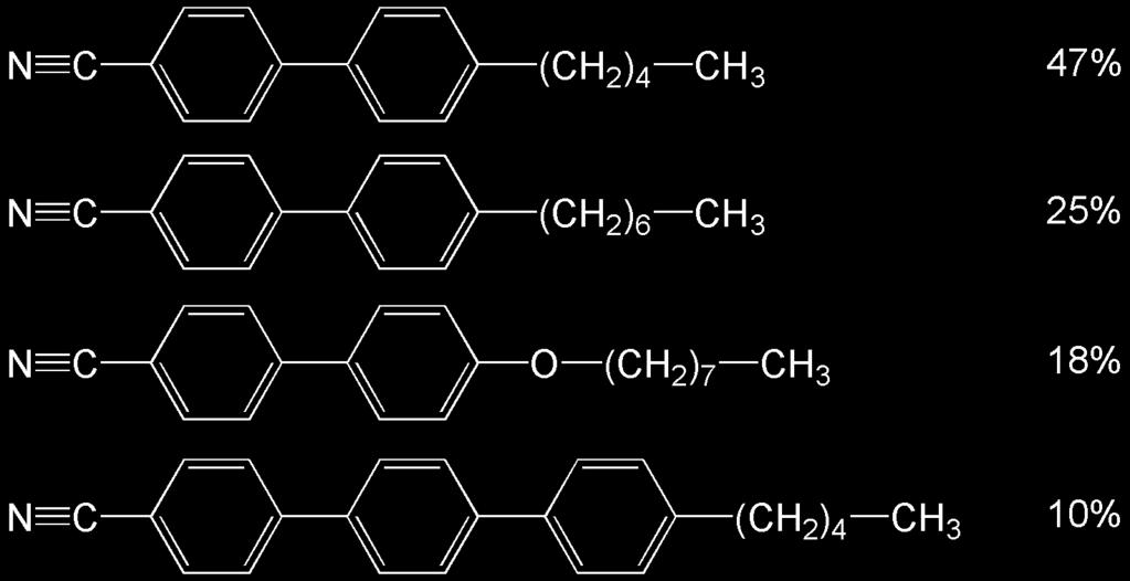 콜레스테릭액정의 Planar 배열과선택반사특성에관한연구 243 Figure 1. Chemical structure of E7(nematic LC). (wt%) 로 7 에서혼합하여사용하였다 (Figure 1).