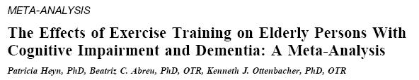 2,020 subjects, 30 trials, Meta-analysis Arch Phys Med Rehabil, 2004 Exercise was associated with statistically significant positive treatment effects in older patients with dementia and cognitive
