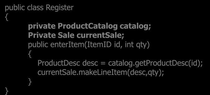 4. 상호작용다이어그램에서메소드생성 SO enteritem(id,qty) 에대한구현 public class Register private ProductCatalog catalog; Private Sale currentsale; public enteritem(itemid id, int qty) ProductDesc desc = catalog.