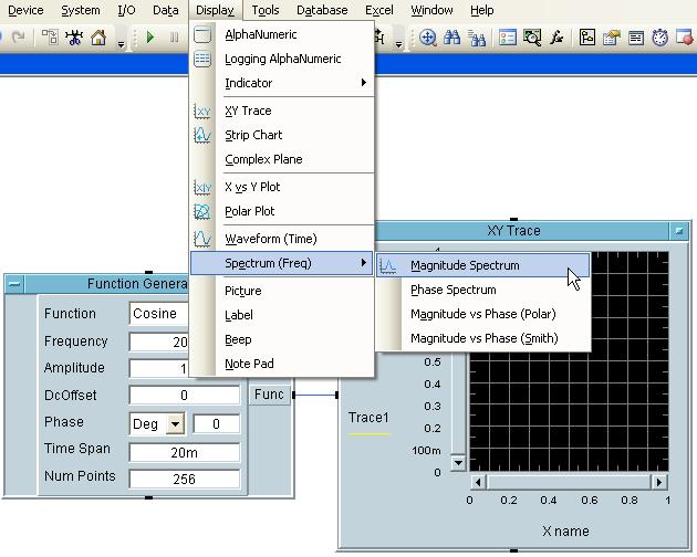 6 Display > Spectrum (Freq) > Magnitude Spectrum 을선택하여오브젝트를생성하고작업영역에서 XY Trace 아래에배치하십시오.