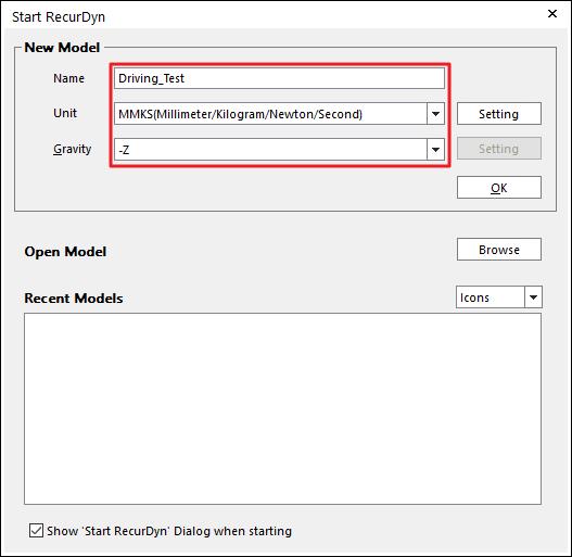 Name 입력란에모델의이름을 Driving_Test 로입력합니다. 3. Unit 을 MMKS 로설정합니다. 4.