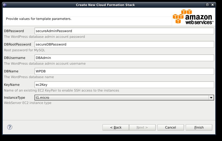 Eclipse에서 AWS CloudFormation 템플릿 배포 6. [Finish]를 클릭하여 스택을 실행합니다.