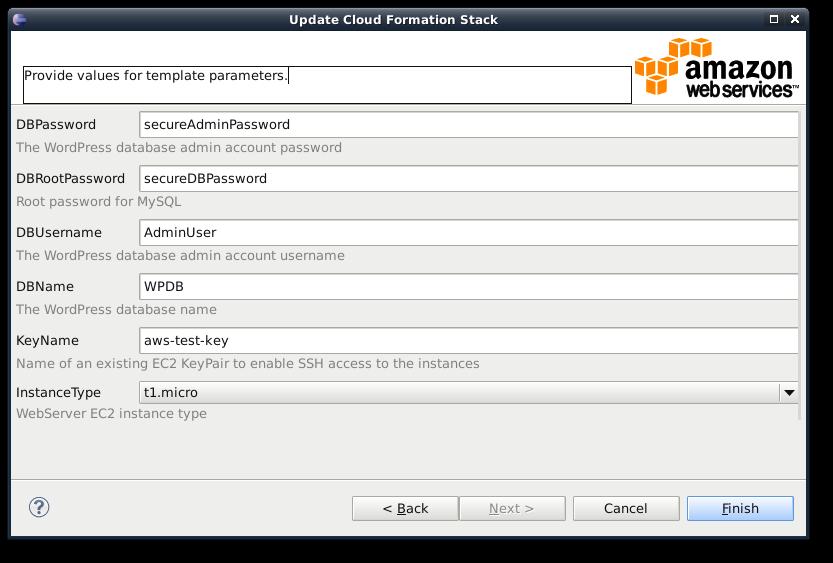 Eclipse에서 AWS CloudFormation 템플릿 업데이트 [SNS Topic] - 스택의 진행 상황에 대한 알림을 수신하기 위해 목록에서 기존 SNS 주제를 선택하거나 상 자에 이메일 주소를 입력하고 [Create New Topic]을 클릭하여 새 주제를 만듭니다.