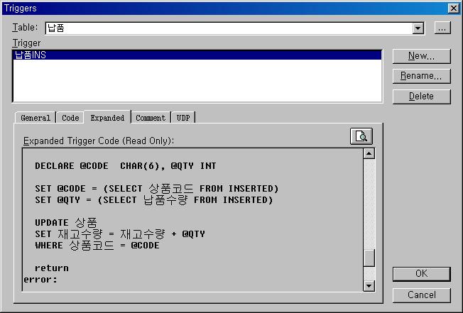 SET @CODE = (SELECT 상품코드 FROM INSERTED) SET @QTY = (SELECT 납품수량 FROM INSERTED) UPDATE 상품 SET 재고수량 = 재고수량 + @QTY WHERE