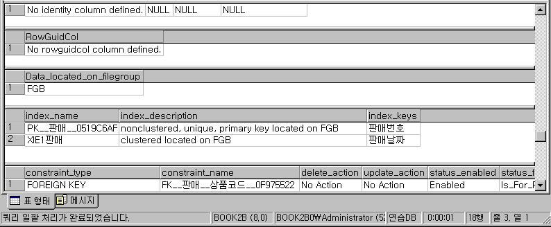 위의화면에서 Data_located_on_filegroup 은판매테이블이위치해있는파일그룹에대한정보를보여주고있으며그밑에인덱스와인덱스유형그리고인덱스가위치해있는파일그룹에대한정보를보여주고있다. 그런데판매테이블의위치가 FGB 로정의되어있다. 이전실습에서분명히판매테이블의파일그룹을 FGA 로정의했었다. ERwin 으로가서다시한번확인해보도록하자. 그런데이게왠일인가?