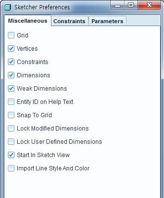 기타 (Miscellaneous) 설정 Sketcher 환경설정 격자선 (Grid) - 화면격자선을표시. 교점 (Vertices) - 교점을표시. 구속 (Constraints) - 구속을표시. 치수 (Dimensions) - 단면치수를모두표시. 비고정치수 (Weak Dimensions) - 비고정치수를표시.