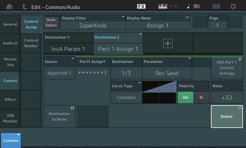 Common/Audio Edit( 공통 / 오디오 ) Control Control Assign 이제수퍼노브를 Display Filter 로설정할수있습니다. 또한이화면의모든파트에공통인지정가능노브를사용하여제어된 파트의파라미터도확인할수있습니다.