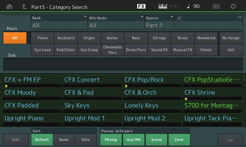 파트카테고리검색 Parameter with Part ( 파트가있는파라미터 ) 설정의 Mixing 이 Off 로설정된경우파트에대한현재설정값 ( 예 : Volume, Pan 및 Note shift) 을사용하면사운드를지속적으로변경할수있습니다.