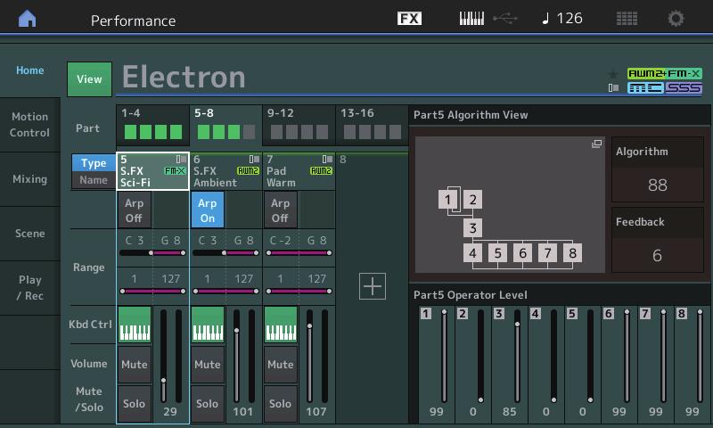 Drum Key Level 드럼키의출력레벨을결정합니다. 설정 : 0 127 Algorithm 화면이화면은현재선택된파트가 Normal Part (FM-X) 이고 [PERFORMANCE CONTROL] 버튼또는 Element/Operator Control 이 켜져있을때에만나타납니다.