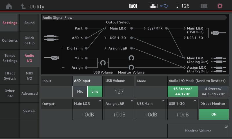 Utility Settings Audio I/O 이제 [USB TO HOST] 단자에서입력된오디오신호의모니터음량을조절할수있습니다.