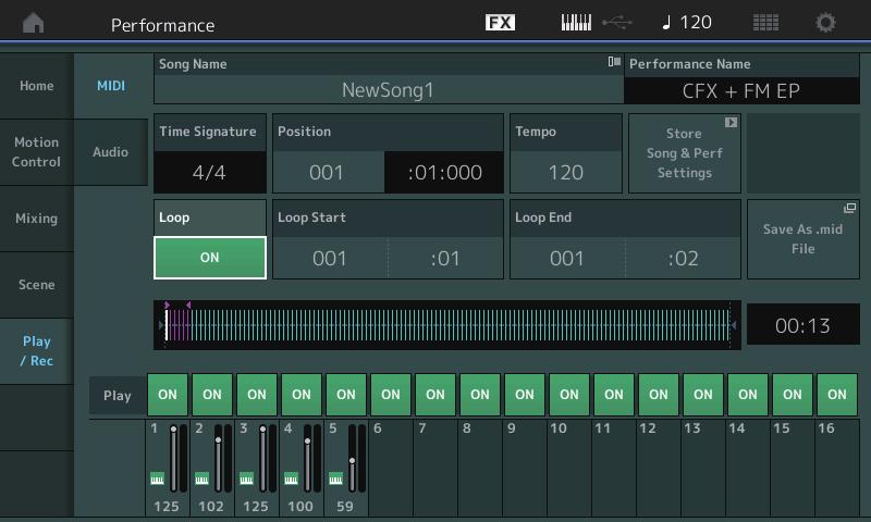 Play/Rec Play/Rec MIDI 이제송재생을순환시킬수있습니다. 재생및재생대기 [ ]( 재생 ) 버튼또는 [PERFORMANCE] [Play/Rec] [MIDI] Song Name Loop Loop Start / End Song Name 선택한송이름을표시합니다.