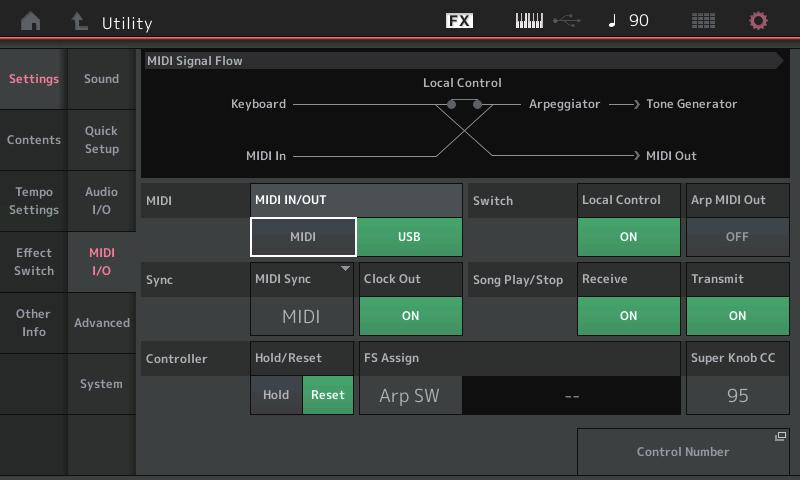 Utility Settings MIDI I/O 이제 MIDI Control Change 메시지를통해수퍼노브를조절할수있습니다.