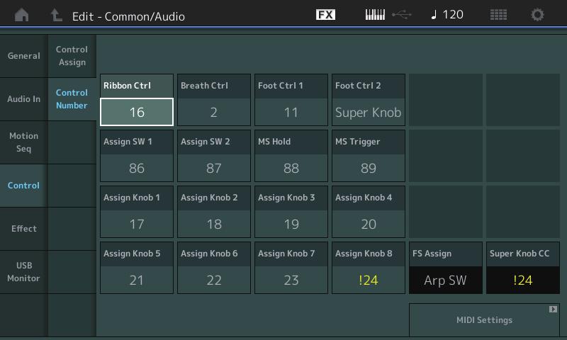 Common/Audio Edit( 공통 / 오디오 ) Control 수퍼노브와지정가능노브에동일한컨트롤번호를지정한경우수퍼노브가우선하며지정가능노브은무시될수있습니다. 이경우경고메시지가나타납니다. 주 Control Number 이화면의컨트롤번호는퍼포먼스데이터로저장됩니다.