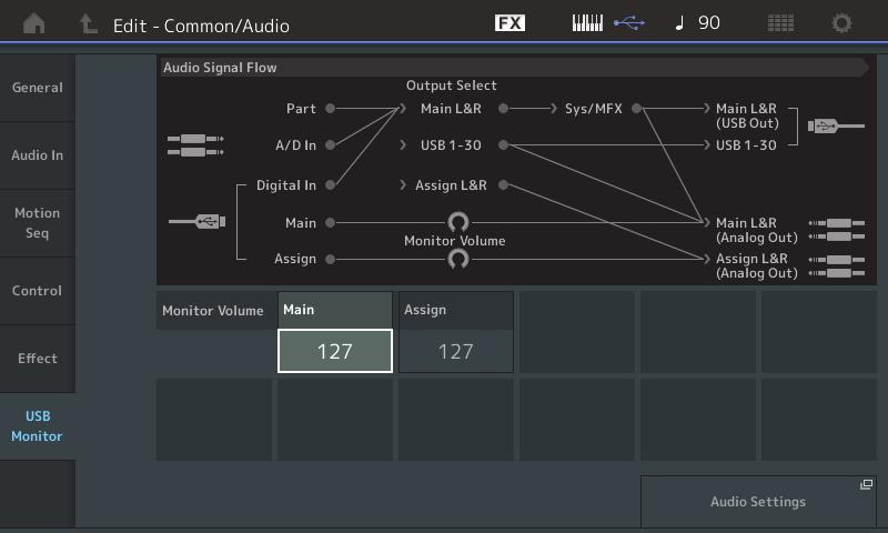 USB Monitor USB Monitor 화면에서는 [USB TO HOST] 단자의오디오입력레벨을조절할수있습니다. 주 USB Main Monitor Volume 및 USB Assign Monitor Volume 은퍼포먼스데이터로저장됩니다.