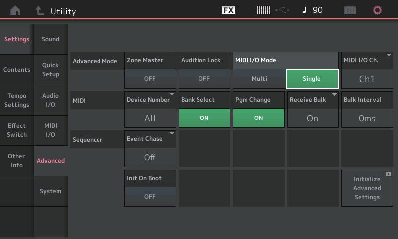 Utility Settings Advanced 이제지정된 MIDI 채널만사용하여본악기와외부장치간데이터통신이가능합니다. [UTILITY] [Settings] [Advanced] MIDI I/O Mode MIDI I/O Ch.(MIDI I/O 채널 ) MIDI I/O Mode 본악기와외부장치간데이터통신에어떤 MIDI I/O 모드를사용할지결정합니다.