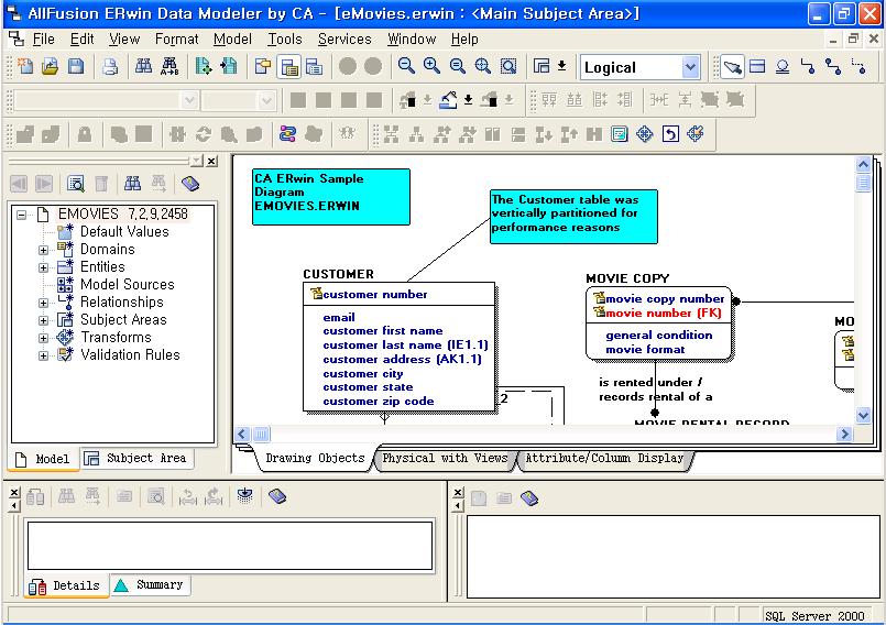 1.2 작업창설명 AllFusionERwin DM Menu and Toolbars Model Explorer Diagram Windows Action Log Advisories Pane 항목기능설명 Toolbars 모델링작업을빠르게진행할수있도록자주사용하는기능이있으며선택 여부및위치이동으로관리할수있다.