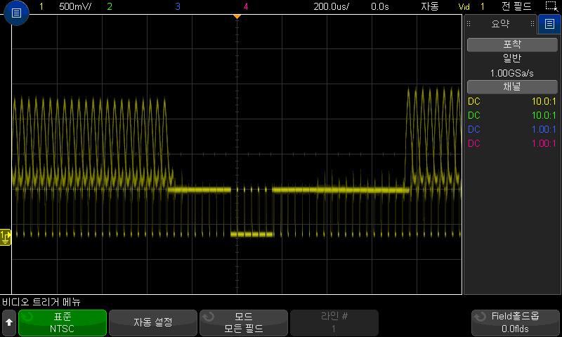 11 트리거 그림 31 모든필드에트리거링 홀수또는짝수필드에트리거하는방법 비디오신호의포락선을검사하거나최악의왜곡사례를측정하려면홀수또는짝수필드에트리거하십시오. 필드 1 을선택한경우오실로스코프가컬러필드 1 또는 3 에트리거하며, 필드 2 를선택한경우오실로스코프가컬러필드 2 또는 4 에트리거합니다. 1 [Trigger] 트리거키를누릅니다.